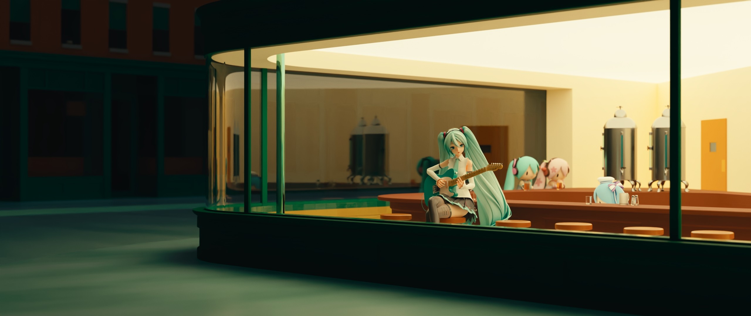 A picture of Hatsune Miku playing guitar in a late night pub